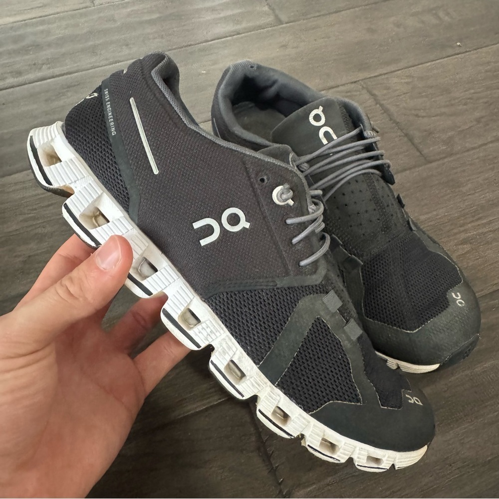 On Running Charcoal and White Athletic Shoes